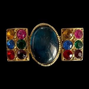 Vintage Signed Pisces Brooch Blue Cabochon Goldtone and Multi-Color Rhinestones